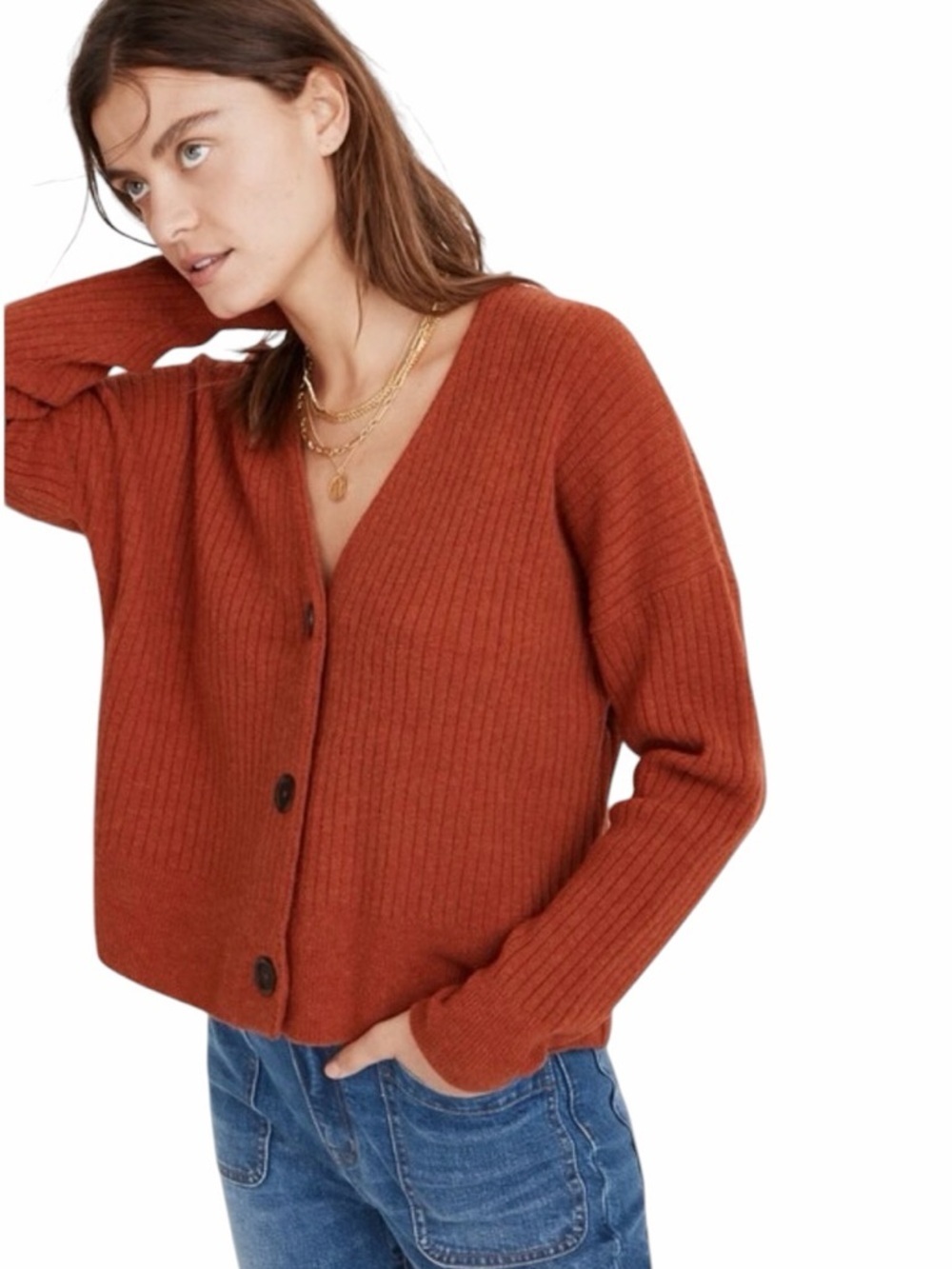 Madewell Cameron Ribbed Cardigan Sweater in Coziest Yarn Rust Size M #2138 - Picture 2 of 8